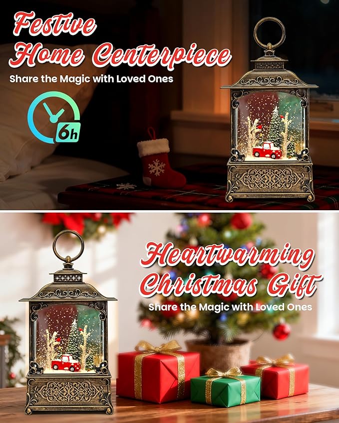 Christmas Tree Snow Globe Light up Lantern with 8 Songs, 10.43" Christmas Snow Globes for Kids Adults, 6H Timer & Dual Power, Snowglobes Christmas Decorations Indoor, Gifts for Women Men