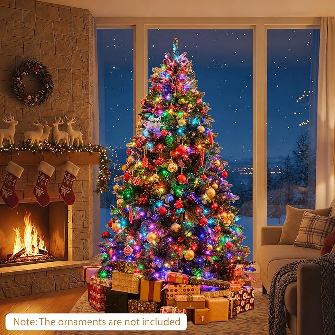 GOFLAME 7FT Pre-lit Artificial Christmas Tree, Hinged Xmas Tree with Remote and App Control, 500 Color & Mode Changing RGB Lights, Timer, 1436 Branch Tips, Pine Cones and Red Berries