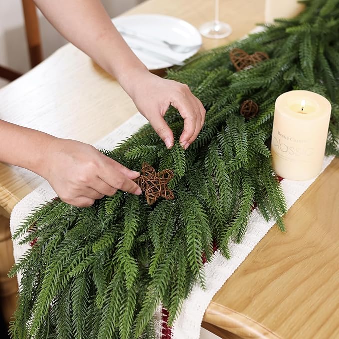 Christmas Norfolk Pine Garlands - 9ft Artificial Garland Faux Green Fake Pine Needles Garland for Fireplace,Table,Window,Stairs,Mante,Holiday Indoor Outdoor Xmas Decor(2PCS)