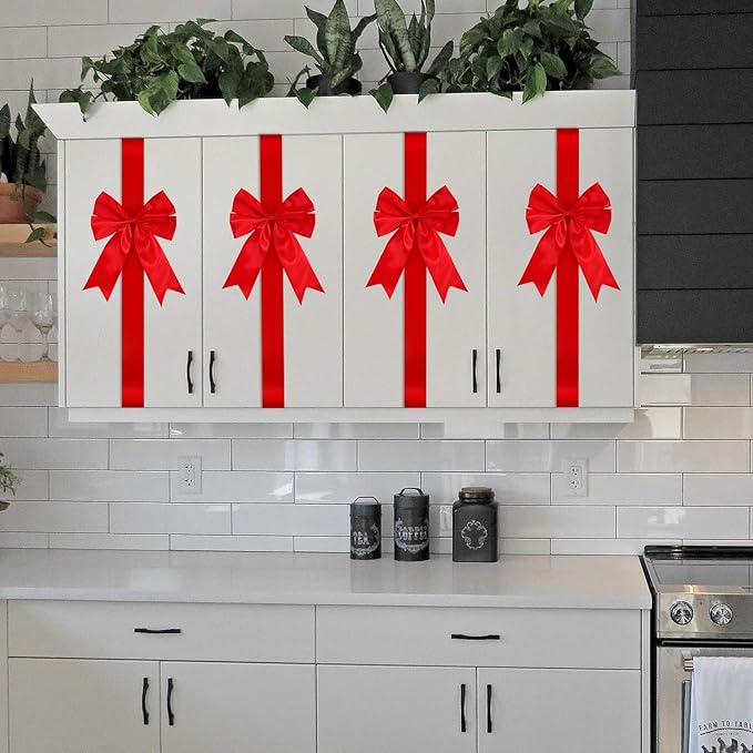BBTO 6 Pcs Christmas Cabinet Door Red Festive Ribbons 8x40 Inches Large Bow Christmas Wreath Tree Bow Festival Wrapping Decorations for Home Fireplace Door Holiday Party Supplies