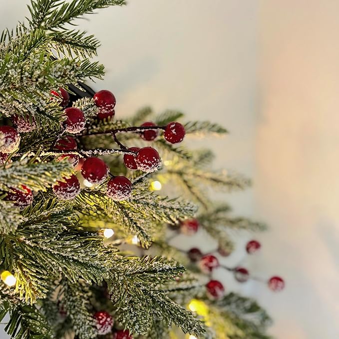24" Prelit Christmas Wreath with LED Lights, Snow-Flocked Pine, Red Berries & Pine Cones, Holiday Front Door Decoration