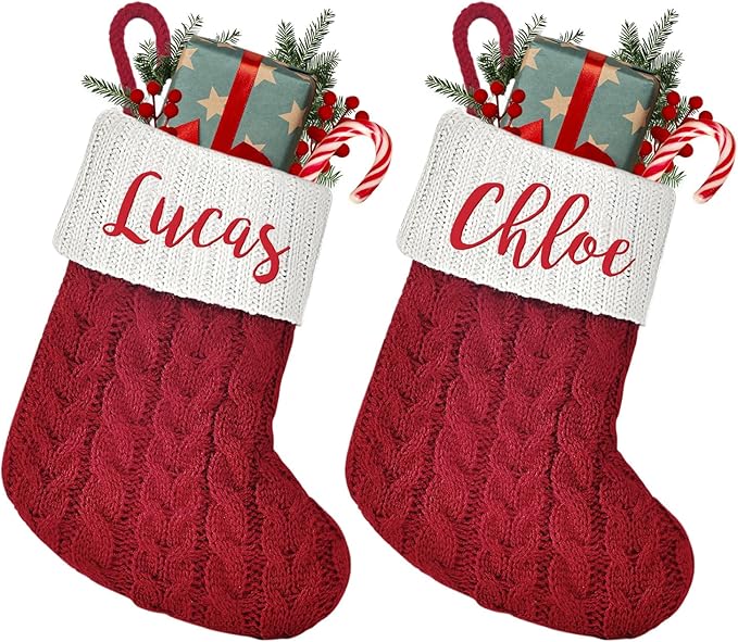 Mini Custom Christmas Stockings with Names - 6" W x 7" L Burgundy Red Personalized Christmas Stockings, Kids Family Small Knitted Xmas Stocking for Fireplace Decoration, 2 Pack
