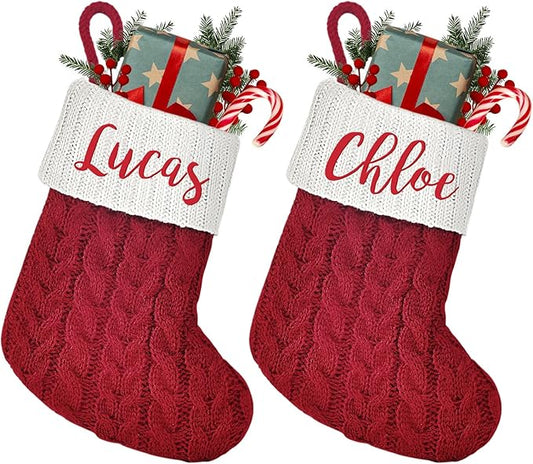 Mini Custom Christmas Stockings with Names - 6" W x 7" L Burgundy Red Personalized Christmas Stockings, Kids Family Small Knitted Xmas Stocking for Fireplace Decoration, 2 Pack