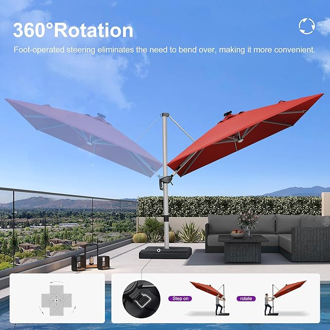 PURPLE LEAF Patio Umbrella with base 9 Feet Outdoor Square Cantilever Umbrella Solar Powered LED with 360-degree Rotation for Garden Deck Pool Patio, Brick Red