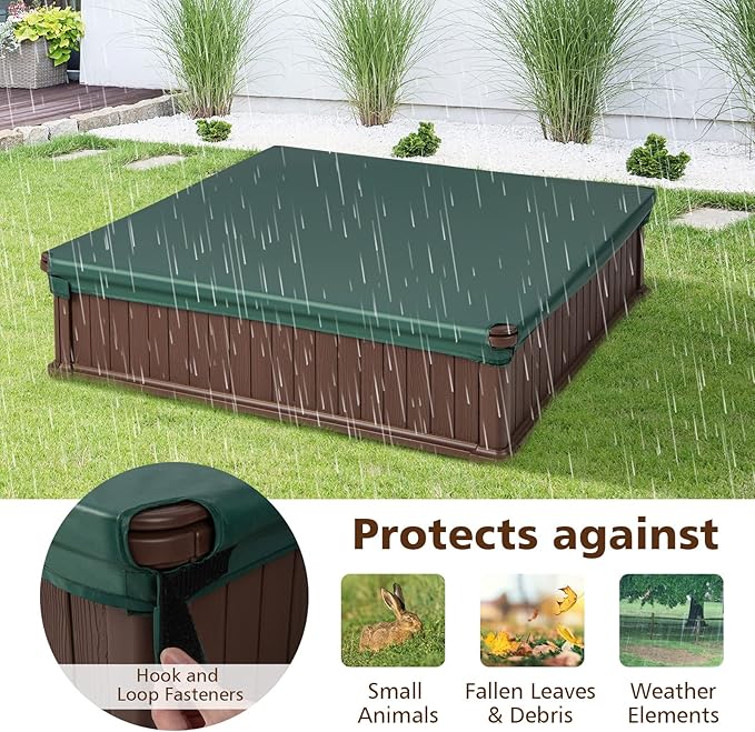 Costzon Kids Sandbox with Cover, 4ft x 4ft HDPE Sandpit with Oxford Cover, Bottom Liner, 4 Corner Seats, Weather Resistant Outdoor Sand Pit for Backyard Lawn Garden Beach (Dark Brown)