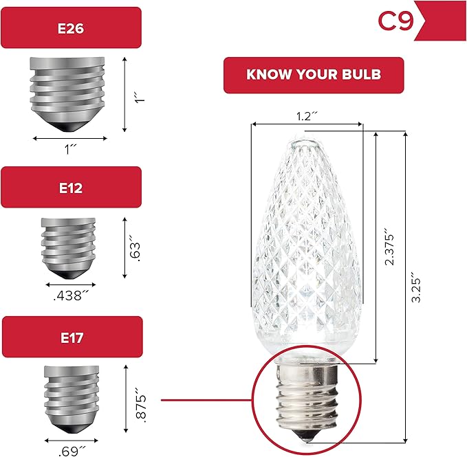 HLO Lighting Set of 25 Sun Warm White C9 Faceted LED Christmas Light Bulbs for Indoor & Outdoor Use | Durable Replacement Bulb