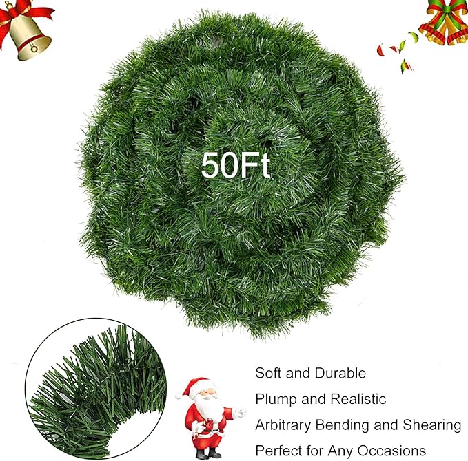 4 Pack 50 Feet Christmas Garland for Outdoor/Indoor Decoration, Soft Greenery Artificial Garland Decorations, Non-lit Green Xmas Garlands Perfect for Party Home Garden and Holiday Festival Decor