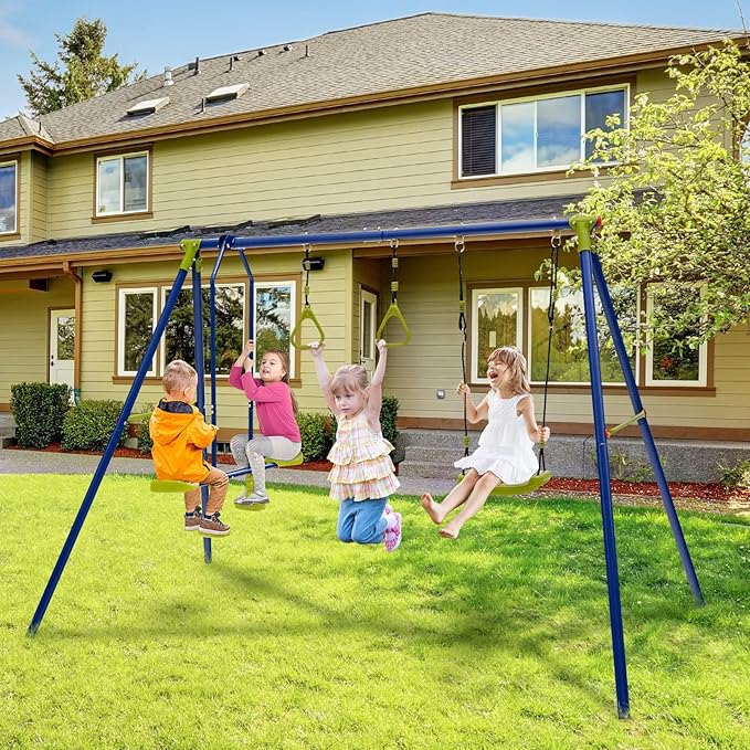 GLACER 440 LBS Heavy-Duty A-Frame Swing Set, 3-in-1 Swing Set w/1 U-Shaped Swing, 1 Glider, 2 Gym Rings, Multifunctional Activity Playset for Backyard, Garden, Park