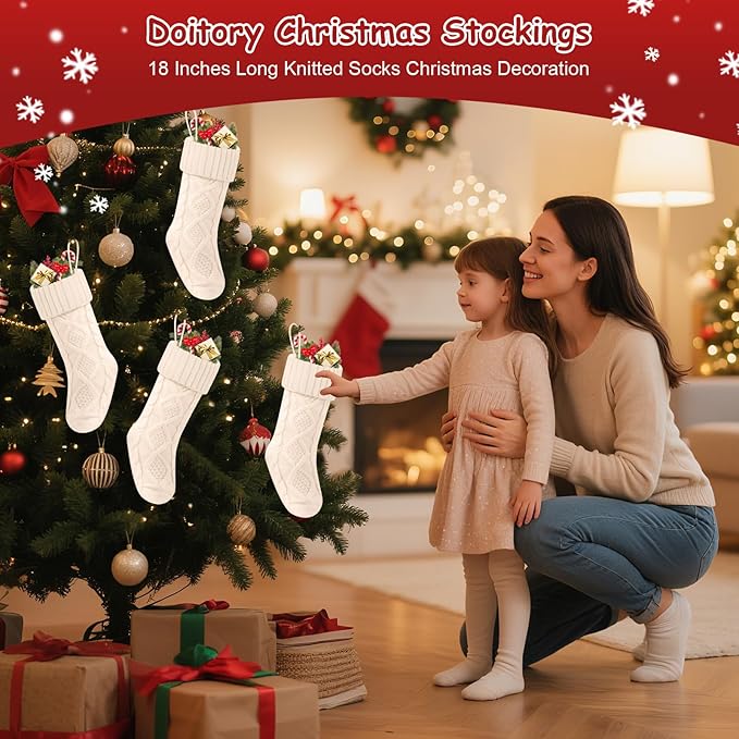 Christmas Stockings 18 Inches,Long Knitted Socks Christmas Decoration Hanging Stocking Fireplace Xmas Tree Stocking for Home Family（6 White）