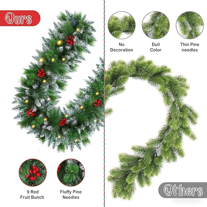 9FT Artificial Christmas Garland with LED Light Battery Operated Light Garland with 30 LED Warm Lights and 18 Red Berries for Mantle Stairs Fireplace Xmas Decoration
