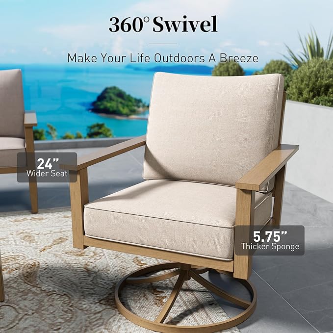 Patio Conversation Set,7 Pcs Metal Outdoor Furniture with 3-Seater Sofa,2 Swivel Chairs,2 Single Chairs,Metal Nested Table and 5.75" Extra Thick Cushion for Lawn Garden Backyard,Beige