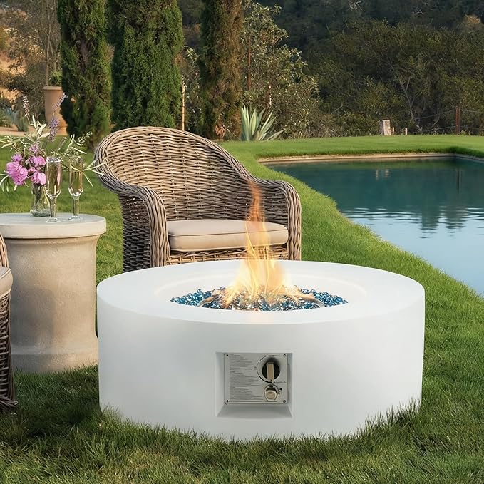 ECOTOUGE Round Propane Fire Pit, 30 Inch Outdoor Gas Fire Pit Table, Steel Fire Table w/50,000 BTU Auto-Ignition, Weather-Resistant Pit Cover, Lava Rocks, No Tank Holder, White