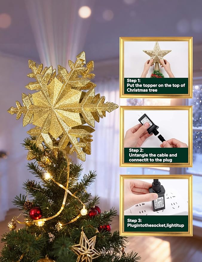 DG-Direct Christmas Tree Topper Lighted with Golden Snowflake Projector, Led Rotating Magic Snowflake, 3D Hollow Glitter Lighted Gold Snow Tree Topper for Christmas Tree Decorations