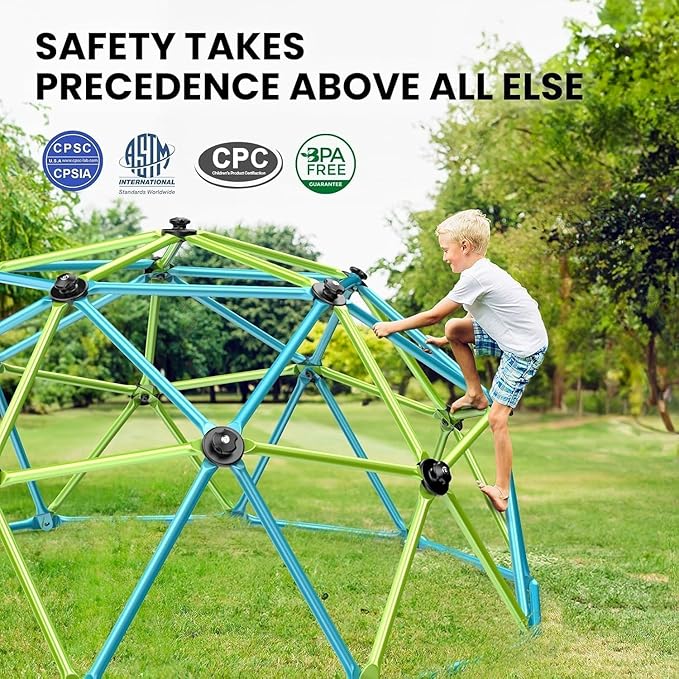 Easyego Climbing Dome, 10FT Jungle Gym with Swing for Kids 3 to 10 Outdoor Play Equipment, Supports 800lbs Toddler Play Set, Anti-Rust & Easy Assembly, Gift for Boys Girls (Green & Blue)