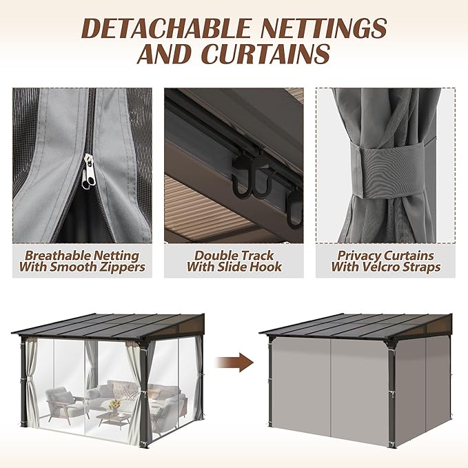 10 x10FT Outdoor Wall-Mounted Hardtop Gazebo, Aluminum Frame Lean to Gazebo with Polycarbonate Roof and Curtains for Patio, Garden, Deck