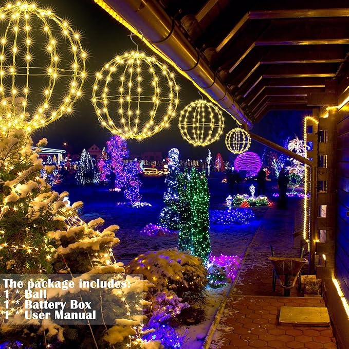 Joomer Christmas Solar Ball Lights, 13IN & 11IN Foldable Metal Sphere Lights Waterproof 8 Modes with Hook, Solar Powered Hanging Globe Light for Outdoor Christmas Decoration (2 Pack, Warm White)
