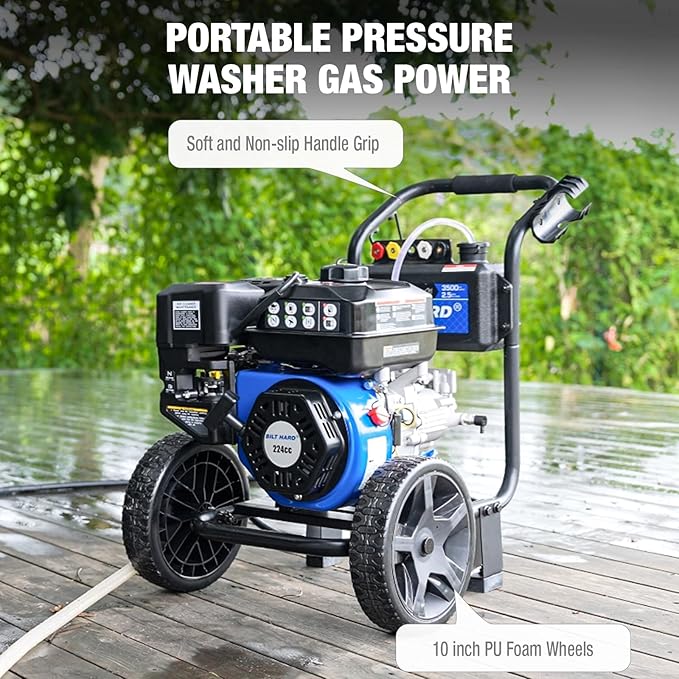BILT HARD 3500 PSI 2.5 GPM Gas Pressure Washer, 224cc 4-Cycle Engine, Heavy Duty Gas Power Pressure Washer with Spray Gun and Wand, 5 Quick Connect Nozzle Tips, 3/5¡¿25' Hose, 49-State
