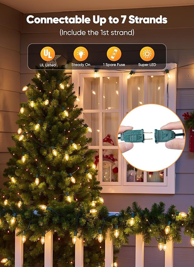 Vintage C9 LED Christmas Lights, 100 Feet C9 String Lights with 100 LED C9 Plastic Bulbs, Waterproof Connectable Lights for Christmas Tree Roofline Garden Patio Backyard Cafe Decor, Warm White
