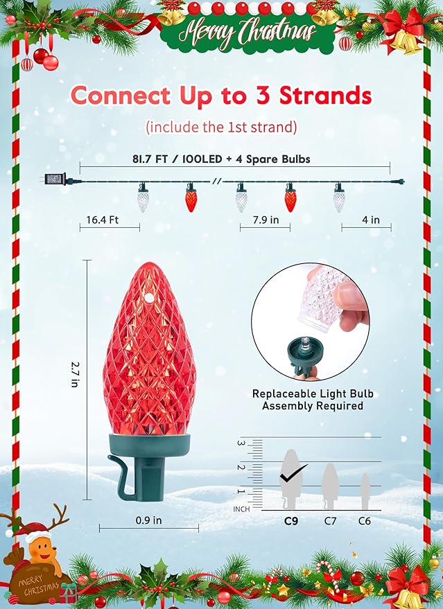 C9 LED Christmas Lights Outdoor, 81 Feet 100 LED String With Timer & 8 Light Mode, Waterproof Commercial Grade Christmas Tree for Outside Indoor Roofline Patio, Red & Pure White 2 Pack