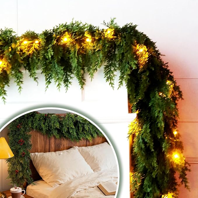 9FT Christmas Garland Decoration, Realistic Artificial Green Faux Cedar Pine Garland Holiday Decor for Outdoor Indoor Green Greenery,Fireplaces Holiday Party Decorations