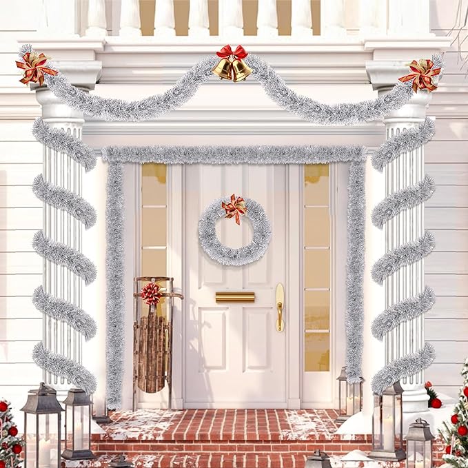50FT Silver Christmas Tinsel Garland Metallic Twist Shiny Christmas Tree Decorations, Xmas Holiday Hanging Garland for Home Mantle Stair Indoor Outdoor Hodiday Decor Party Supplies - Silver White