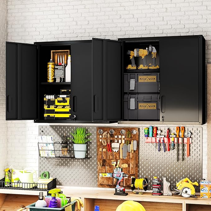 Garage Wall Cabinet,29.5 W Wall Mounted Garage Cabinets with Adjustable Shelf,Heavy Duty Lockable Metal Cabinet,Secure Hanging Tool Cabinet for Basement,Laundry Room,Basement,Workshop,Black