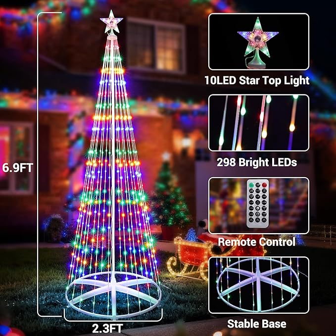 iBaycon Christmas Tree Star Lights, 6.9FT 298 LEDs Color Changing Artificial Lights with Remote Control Timer Outdoor Waterproof for Home Party Christmas Decorations (Warm White to Multicolor)