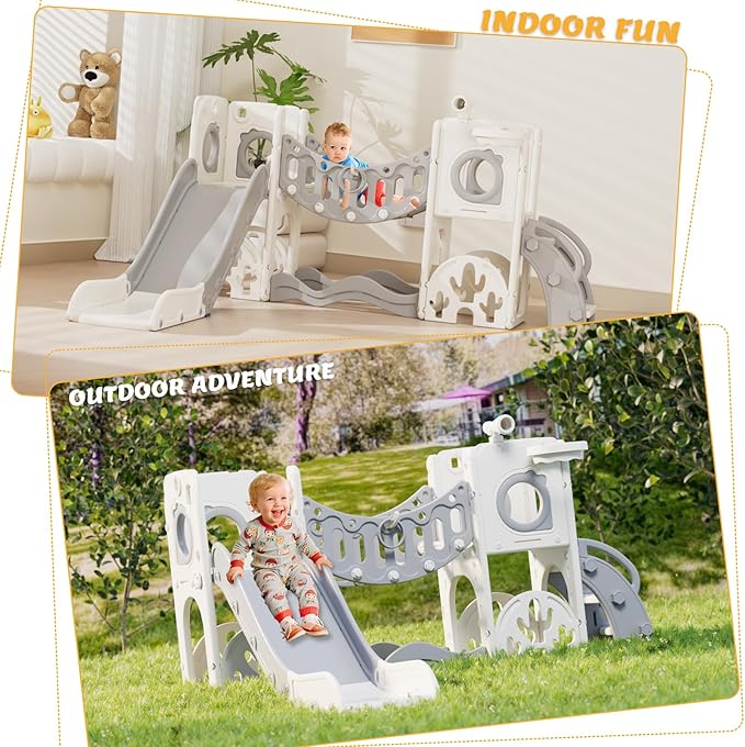 Toddler Playground Playset with Climbing Arch, Golf Set, Slide & Basketball Hoop - Outdoor Toys, Safe & Durable Plastic Garden Equipment (White Gray, Without Swing)