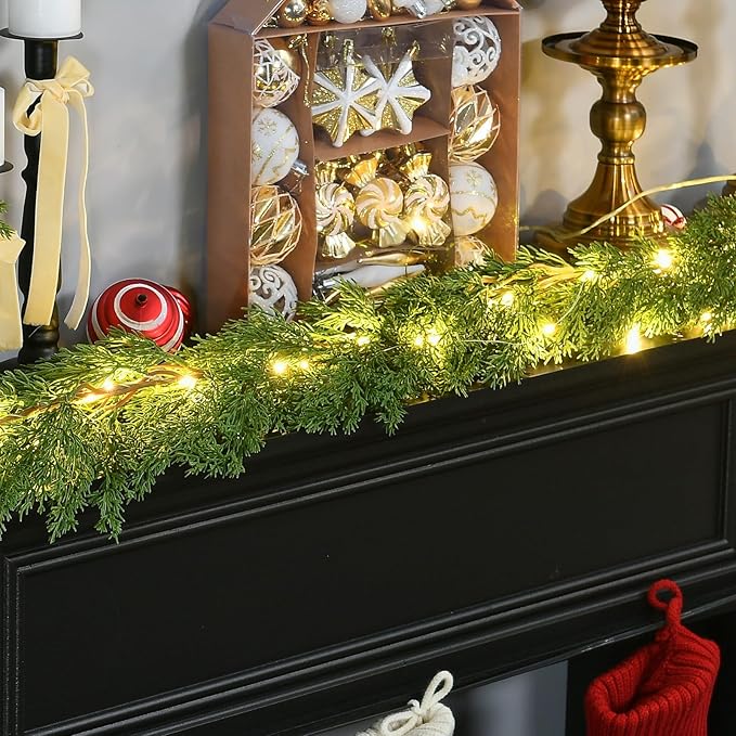 2PCS 6.2FT Christmas Garland with Lights, Real Touch Cedar Garland Artificial Realistic Thick & Lush Greenery, Soft Artificial Pine Garland for Mantle Fireplace Table Wall Indoor Christmas Decorations