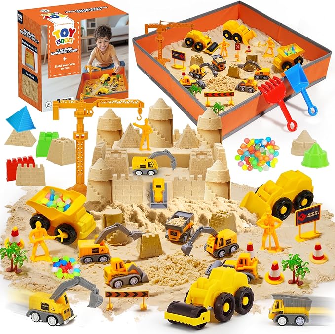 TOY Life 38 Pcs Sand Construction Kit with Big Foldable Sandbox with 2.2Ibs Magic Sand, Trucks, Castle Molds & Beach-Side Mat ? Indoor Sandbox Toy Construction Sensory Bins for Toddlers