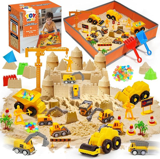 TOY Life 38 Pcs Sand Construction Kit with Big Foldable Sandbox with 2.2Ibs Magic Sand, Trucks, Castle Molds & Beach-Side Mat ? Indoor Sandbox Toy Construction Sensory Bins for Toddlers