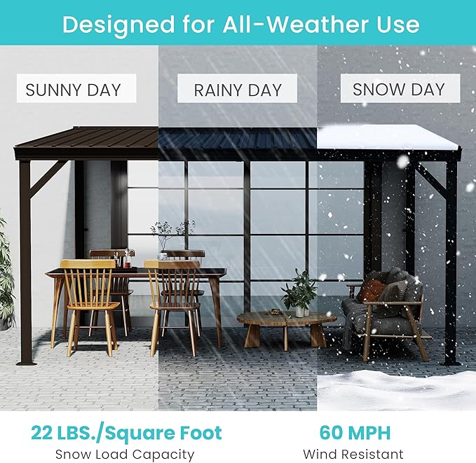 Domi 10' x 14' Lean to Gazebo, Wall Mounted Gazebos Pergola with Built in Drainage System, Galvanized Steel Roof, Hardtop Patio Shelter for Deck, Porch, Backyard and More,Brown