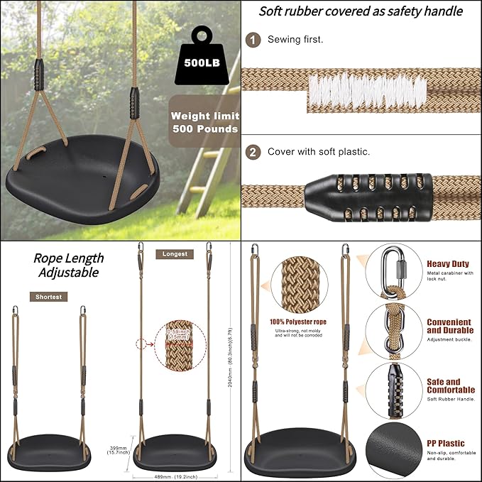 SELEWARE Heavy Duty Swing Seat for Adults Kids Tree Swing with Weather Proof Ropes Swing Set Accessories for Backyard Patio Garden Playground, Height Adjustable Black of 2