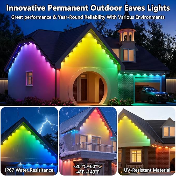 Permanent Outdoor Lights for House: 100FT Smart RGB+IC Eave Light for Halloween Christmas Decor,Warm/Cool White Lighting,IP67 Waterproof,Compatible with Alexa Google Assistant,White