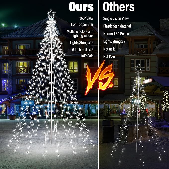 Flacchi 10 FT 404 LED Star String Lights Outdoor - Pole Set with Remote, Multiple Lighting Modes, Timer, and Waterproof Feature for Ultimate Holiday Decor (Cool White)