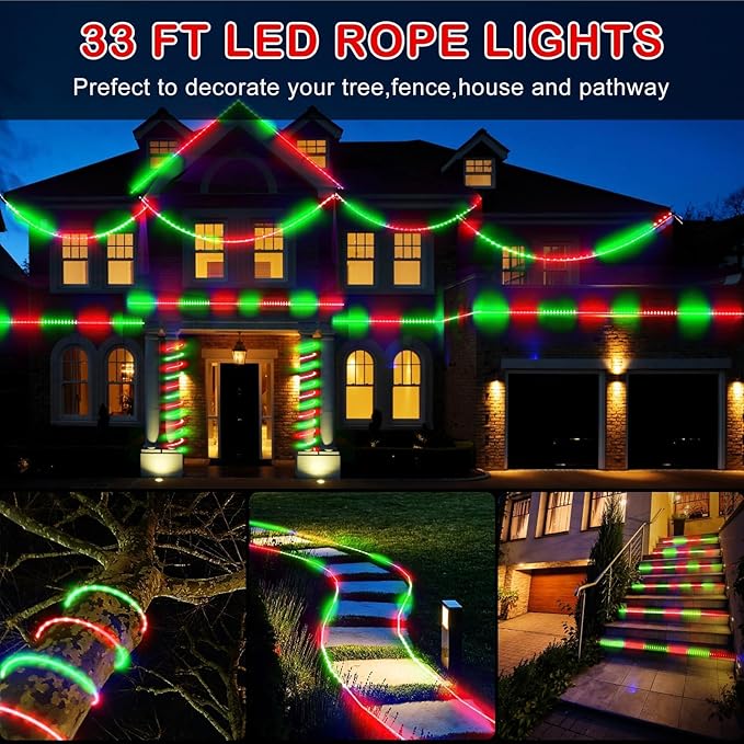 Christmas Rope Lights Outdoor, 33Ft 400 LED Red and Green String Lights, Waterproof Tube Light Plug in 8 Modes Timer Memory, Permanent Christmas Lights for Tree Fence Yard House Decorations