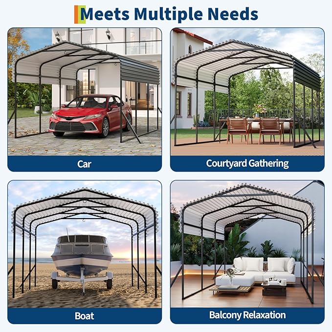 Metal Carport, 10x15 FT Outdoor Carport Canopy with Reinforced Base and Galvanized Steel Roof, Heavy Duty Garage Car Shelter Shade for SUV, Truck, Boats