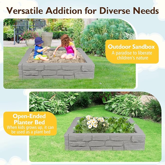 GLACER Sandbox with Cover, 47x 47 HDPE Sand Box w/Oxford Cover, Bottom Drainage Oxford Liner, All Weather Resistant Sand Pit in Backyard Lawn Garden Beach for Kids (Gray)
