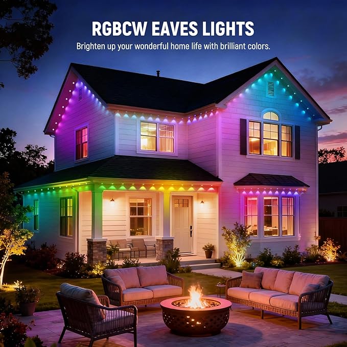 NEEWER 48ft Permanent Outdoor Lights for House Decor, Smart AI RGBCW Outside Eaves String Christmas Lighting with 30 LED Lights App Control 53 Scenes IP67 Waterproof, Compatible with Alexa, NR02