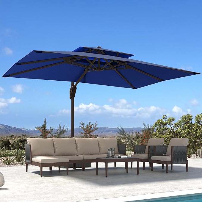 10' X 13' Patio Umbrella Outdoor Large Rectangle Offset Cantilever Umbrellas Double Top Heavy Duty Windproof with 360-degree Rotation for Pool Garden Deck, Navy