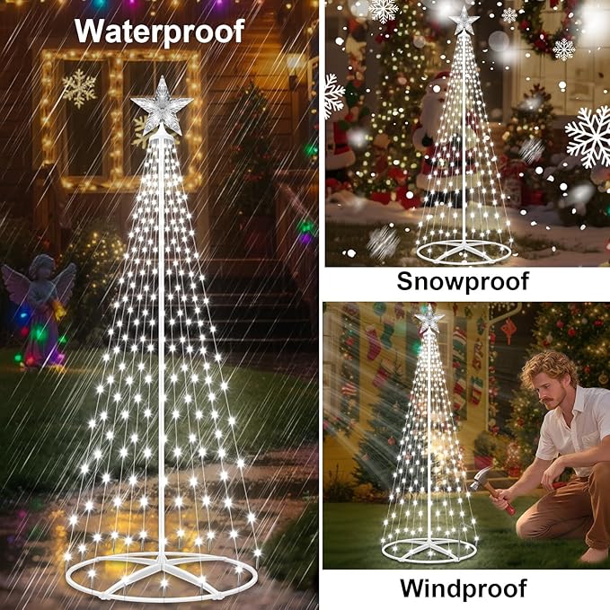 Forlivese 202LED Outdoor Solar Christmas Tree Lights, 5FT Lighted Artificial Cone Tree with Remote, 8 Modes, USB Charge, Timer & Waterproof Christmas Tree Decor for Garden Yard Patio, Cold White