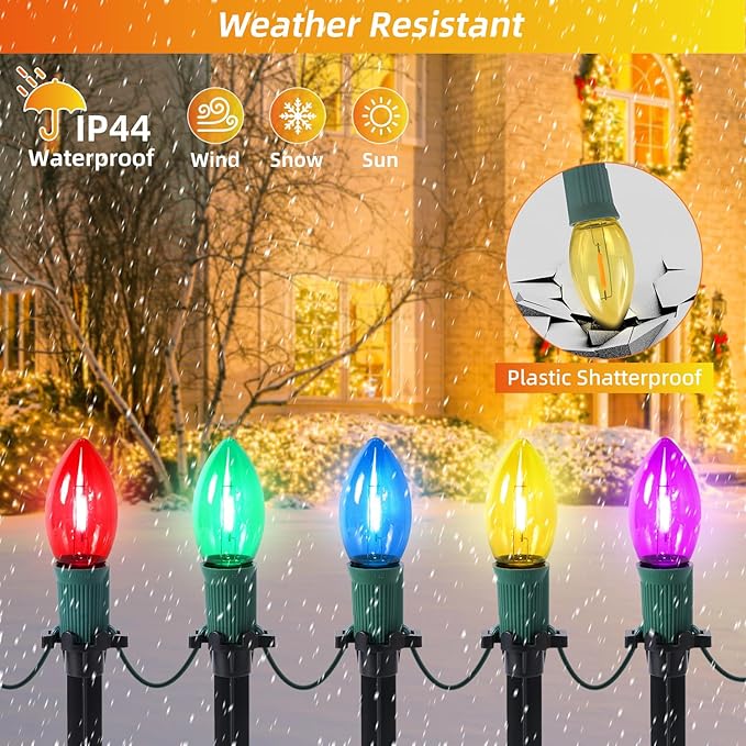 45Ft C9 Led Christmas Pathway Lights Outdoor, 30 Multicolor Bulbs Waterproof Connectable Christmas Walkway Lights with Stakes for Yard Lawn Sidewalk Driveway Decorations