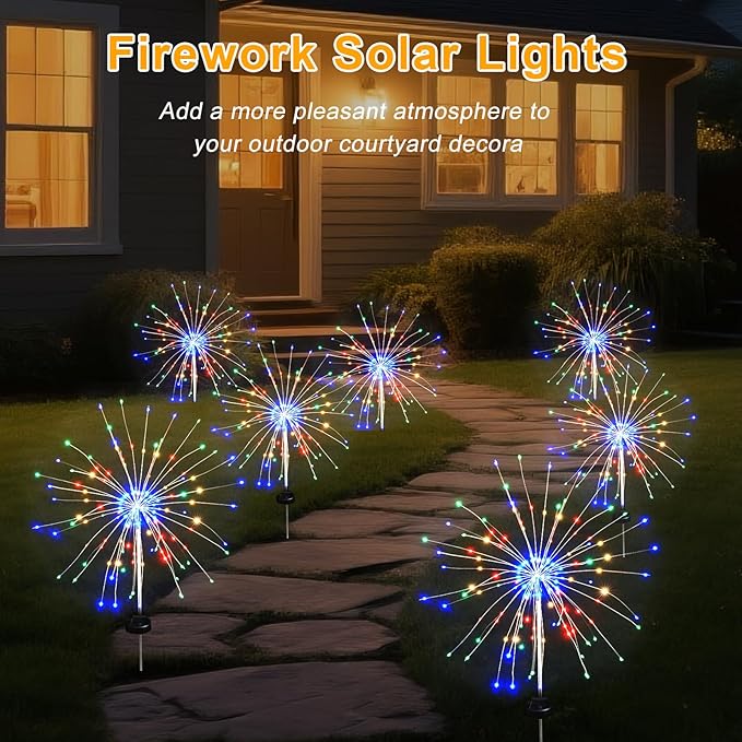 Solar Garden Firework Lights Outdoor Waterproof, 8 Pack Solar Lighting with 8 Lighting Modes , 120 LED Sparklers String Lights for Outside Decor Yard Pathway Halloween Decorations(Colorful)