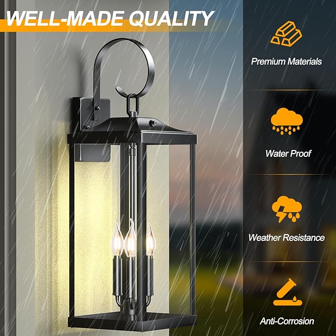 2 Packs 24" Extra Large Dusk to Dawn Light Fixture 3-Light, Black Outdoor Porch Lantern Wall Mounted, Waterproof Modern Outside Wall Sconce Coach Lamp for House, E12