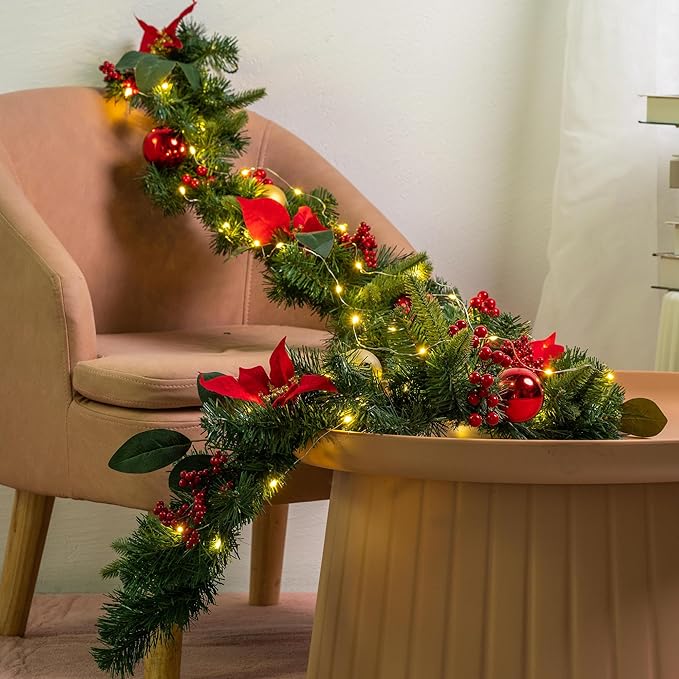YULETIME 6 ft Lighted Christmas Garland, Battery Operated with 20 Fairy Lights Artificial Garland, Red Baubles, Berries, Poinsettia, Spruce Branches, Pine Needles