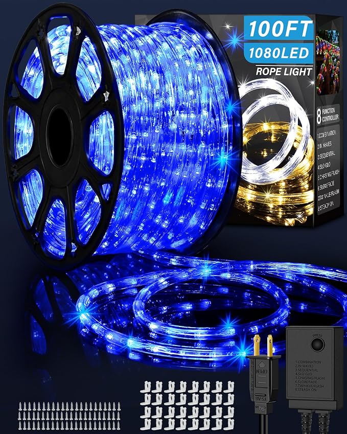 100ft 1080 LED Rope Lights Christmas Outdoor Waterproof, Flexible Connectable Tube Lights with 8 Modes, String Lights Decorative Lighting for Garden Patio Tree Bedroom Xmas Decor(Blue)