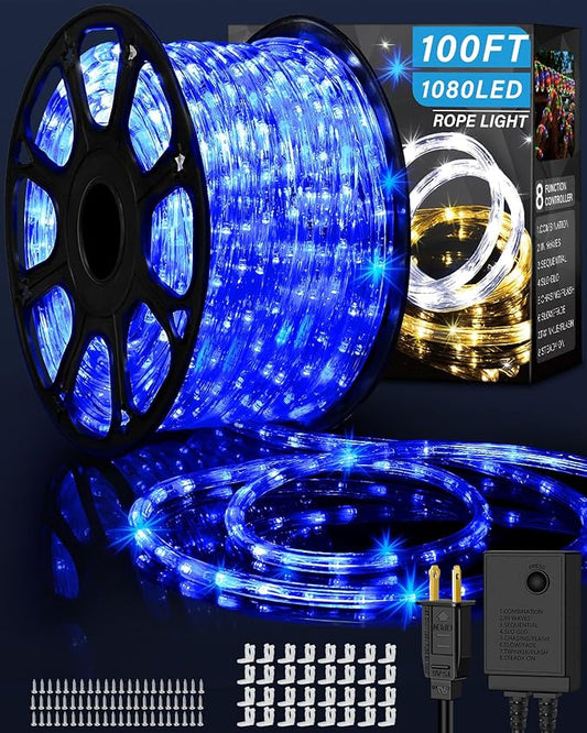 100ft 1080 LED Rope Lights Christmas Outdoor Waterproof, Flexible Connectable Tube Lights with 8 Modes, String Lights Decorative Lighting for Garden Patio Tree Bedroom Xmas Decor(Blue)