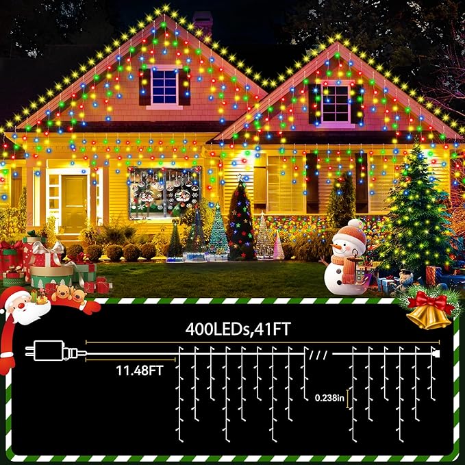 33FT 400LED Christmas Lights Outdoor Waterproof Curtain Lights with 8 Modes Timer Hanging Fairy Lights Plug in String Lights for Holiday Wedding Party Decoration(Multicolor)