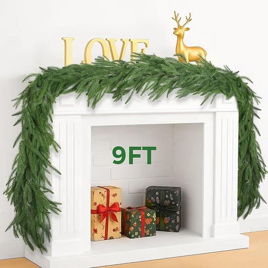 9FT Christmas Norfolk Pine Garland, Artificial Pine Needles Winter Garlands Faux Greenery Fake Garland for Holiday Fireplace,Table, Window, Stairs, Mante, Indoor Outdoor Decor (1 Pack, 9 FT)