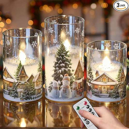 Wondise Chrismtas Snowman Glass Flameless Candles with Remote Timer, Battery Operated Real Wax LED Flickering Pillar Candles with Christmas Tree Decal for Christmas Decoration